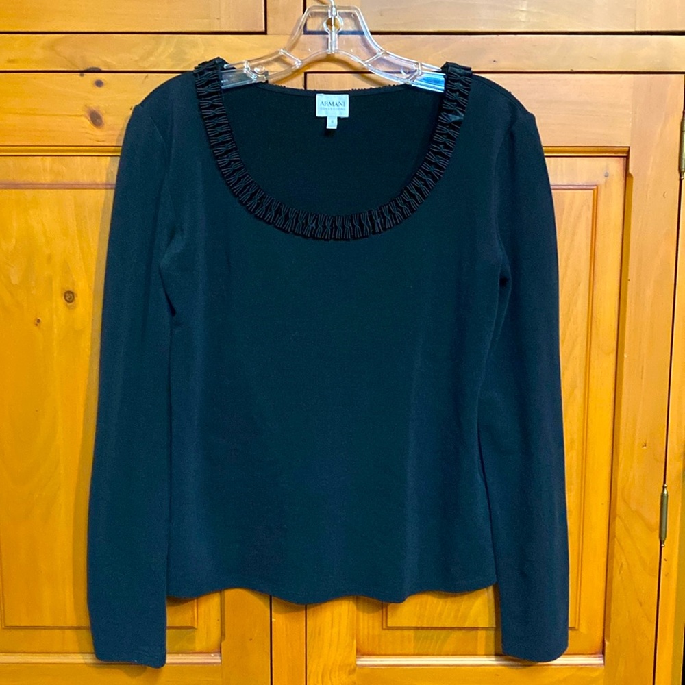 Armani Collezioni ladies top with neckline detail. Size 8. Black.